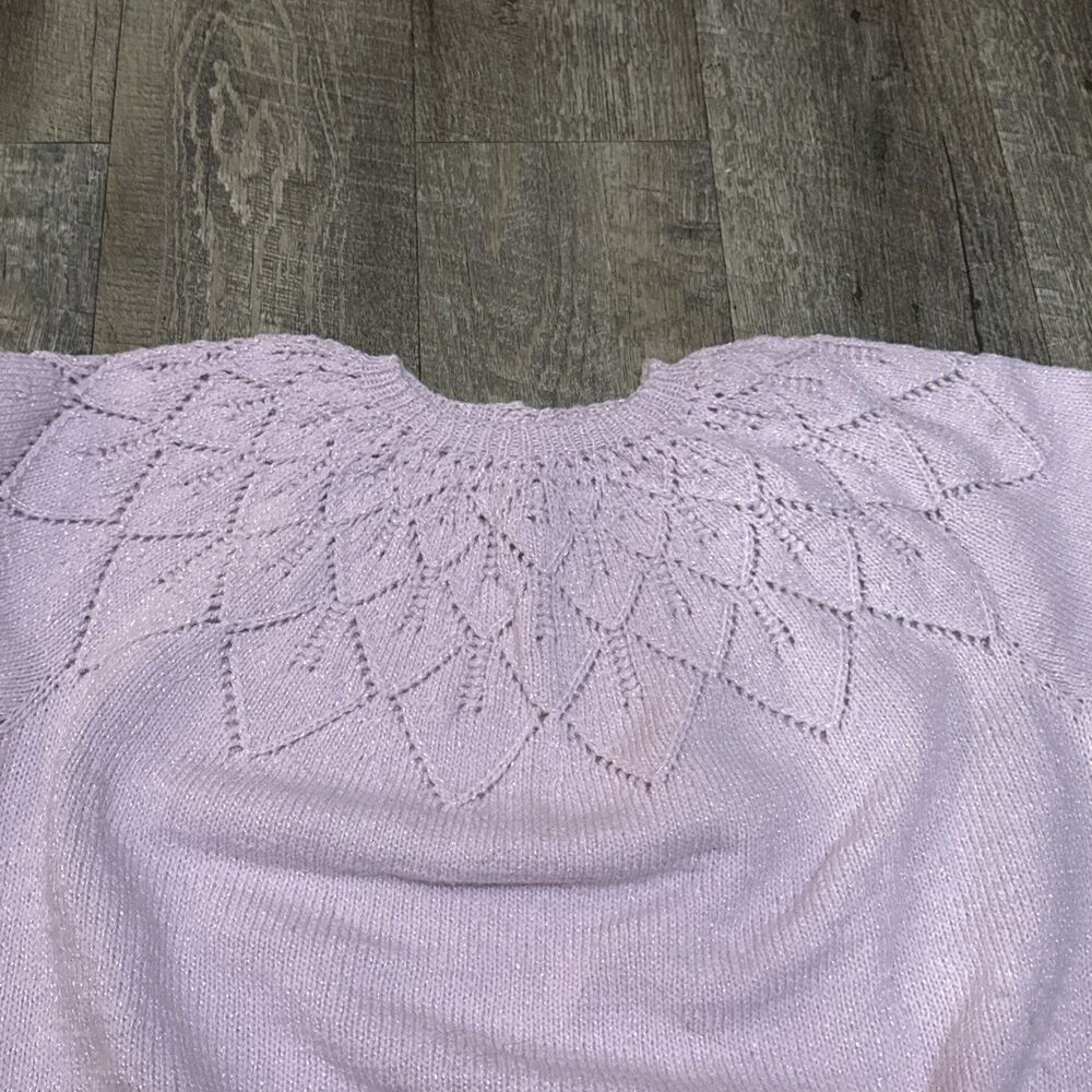 Hand Knit Lavender Sweater Pointelle, Diamond Lace Yolk Openwork Keyhole Back M